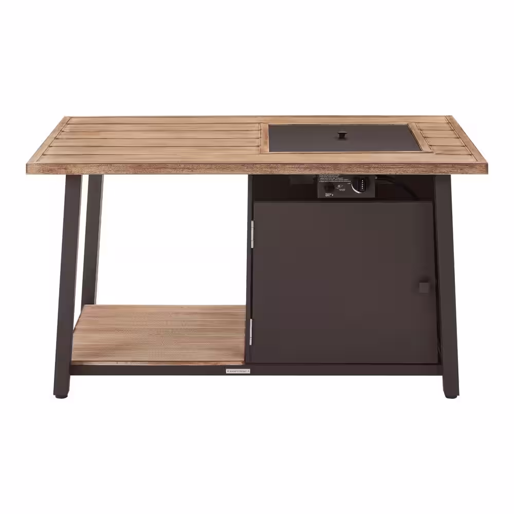 Hampton Bay Fordham 46 in. W x 26 in. H Rectangular Powder Coated Steel LP Fire Pit Coffee Table in Faux Wood with Lava Rocks