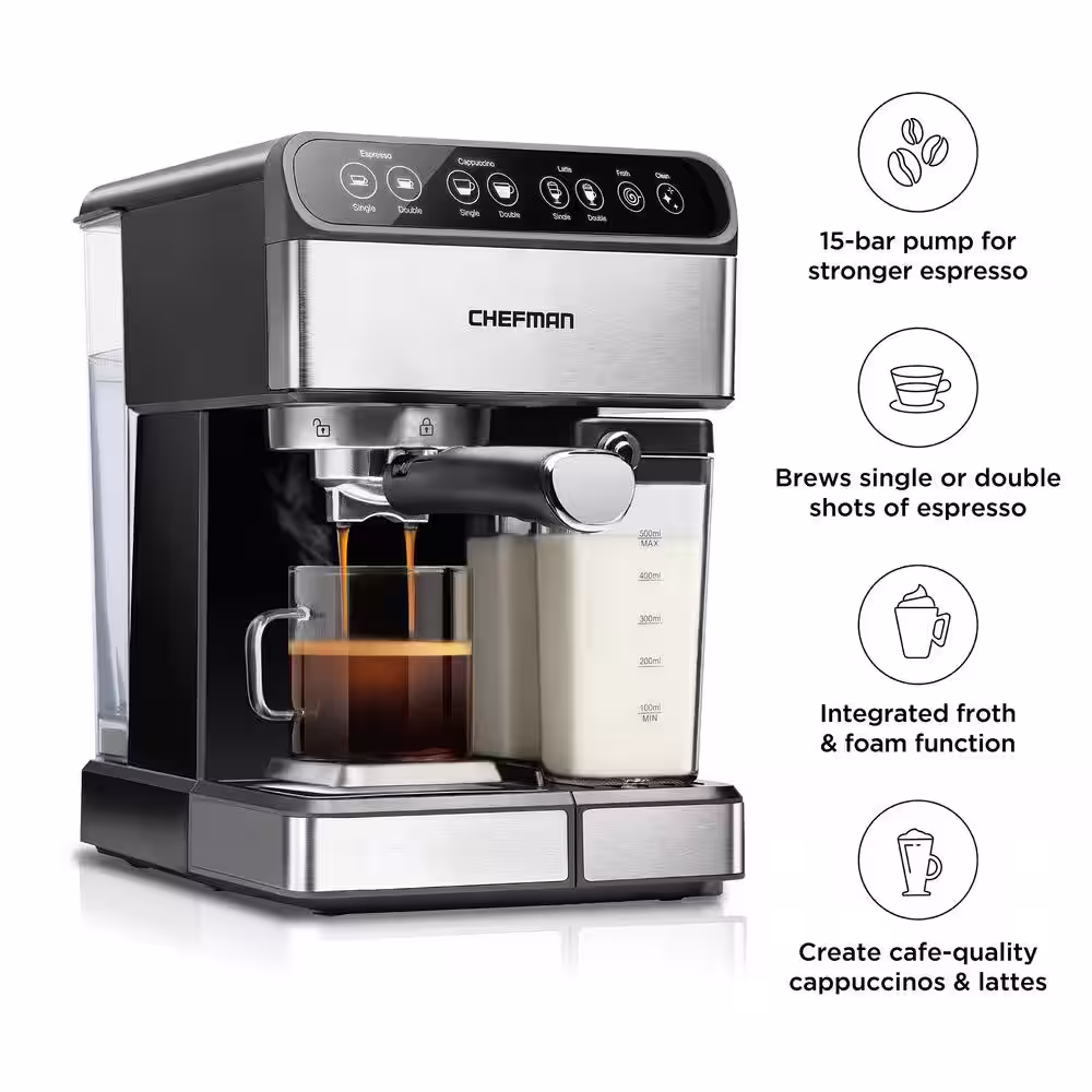 Chefman 7.6 Cup Brew Single and Double Shot Stainless Steel 6-in-1 Espresso Machine 15-Bar Pump Built-In Milk Froth Coffee Maker
