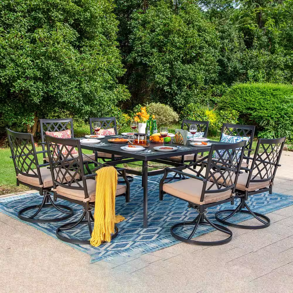 None 9-Piece Metal Square Outdoor Dining Set with Table and Swivel Chairs with Beige Cushions