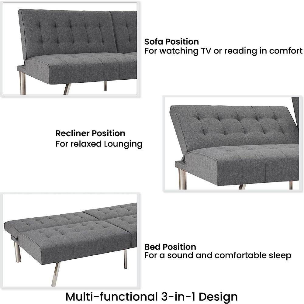 HOMESTOCK Gray, Linen Tufted Split Back Futon Sofa Bed, Linen Couch Bed, Futon Convertible Sofa Bed with Metal Legs