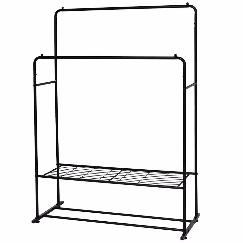 None Black Double Rods Multi-functional Freestanding Metal Clothes Rack 43.30 in. W x 60.24 in. H