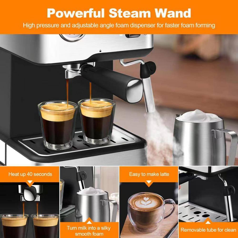 None 2-Cup Stainless Steel Espresso Machine Coffee Maker with pressure gauge, Milk Frother Steam Wand, 1.5L Water Tank