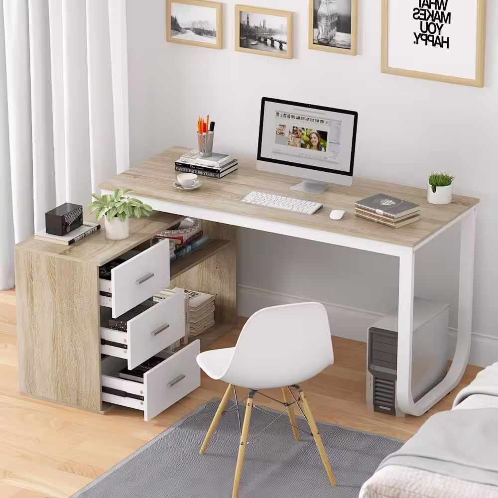 None 55.1 in. L-Shaped Beige Wood Executive Writing Desk Computer Desk Workstation W/Removable Tabletop, Shelves, 3-Drawers