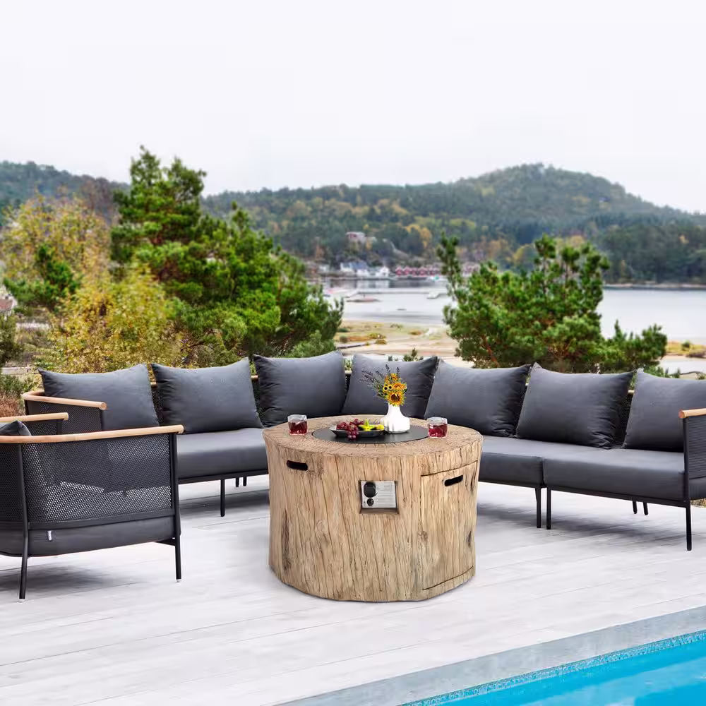 None 40 in. Stone Metal Round Propane Gas Fire Pit Table Wood-Like Surface with Laval Rock PVC Cover