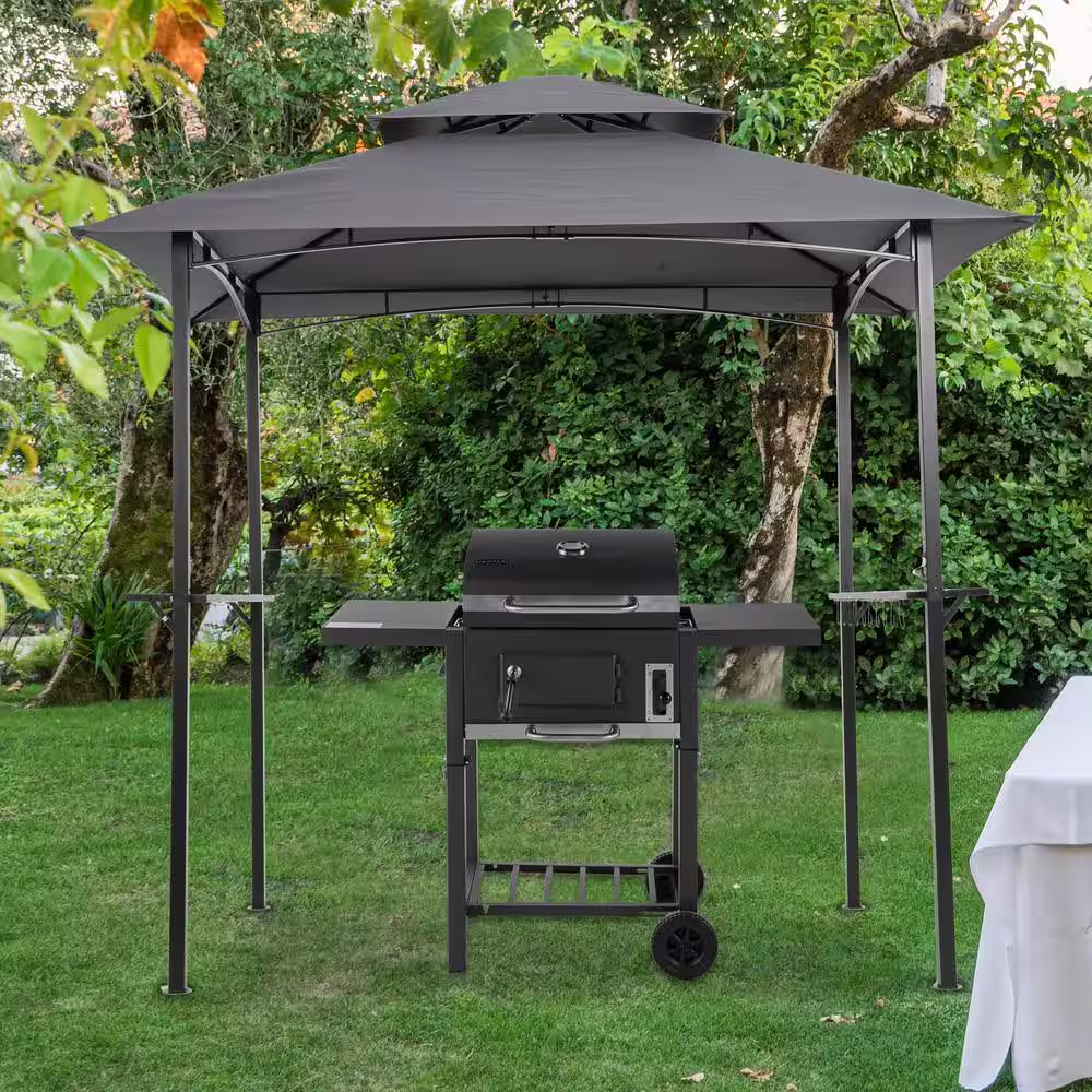None 8 ft. x 5 ft. Gray Grill Gazebo Replacement Canopy, Double Tiered BBQ Tent Roof Top Cover