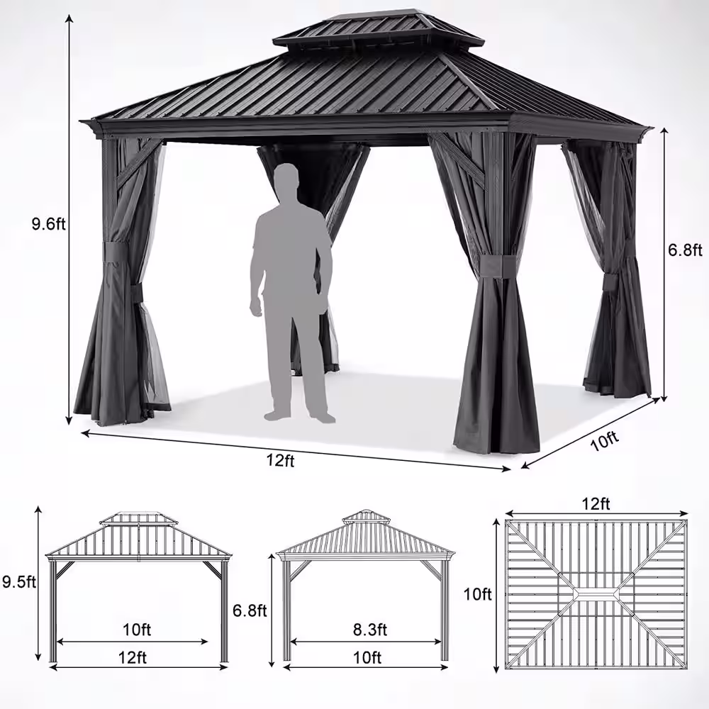 ABCCANOPY 10 ft. x 12 ft. Gray Hardtop Patio Gazebo Galvanized Steel Double Roof Aluminum Pavilion with Netting and Curtain