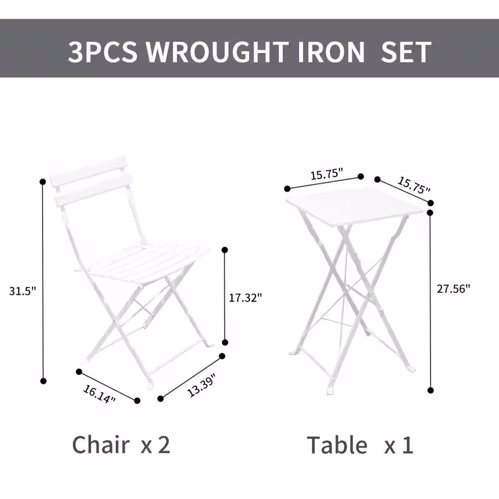 None 3-Piece Patio Bistro Set with Metal Foldable Table and Chairs