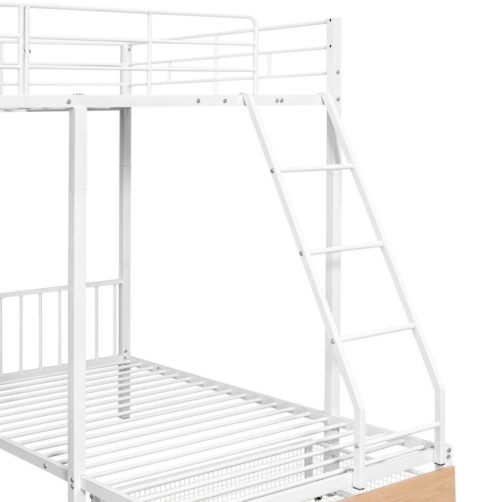 Harper & Bright Designs White Full over Twin and Twin Metal Triple Bunk Bed with 2 Built- in Shelves, 2-Drawers and Ladder