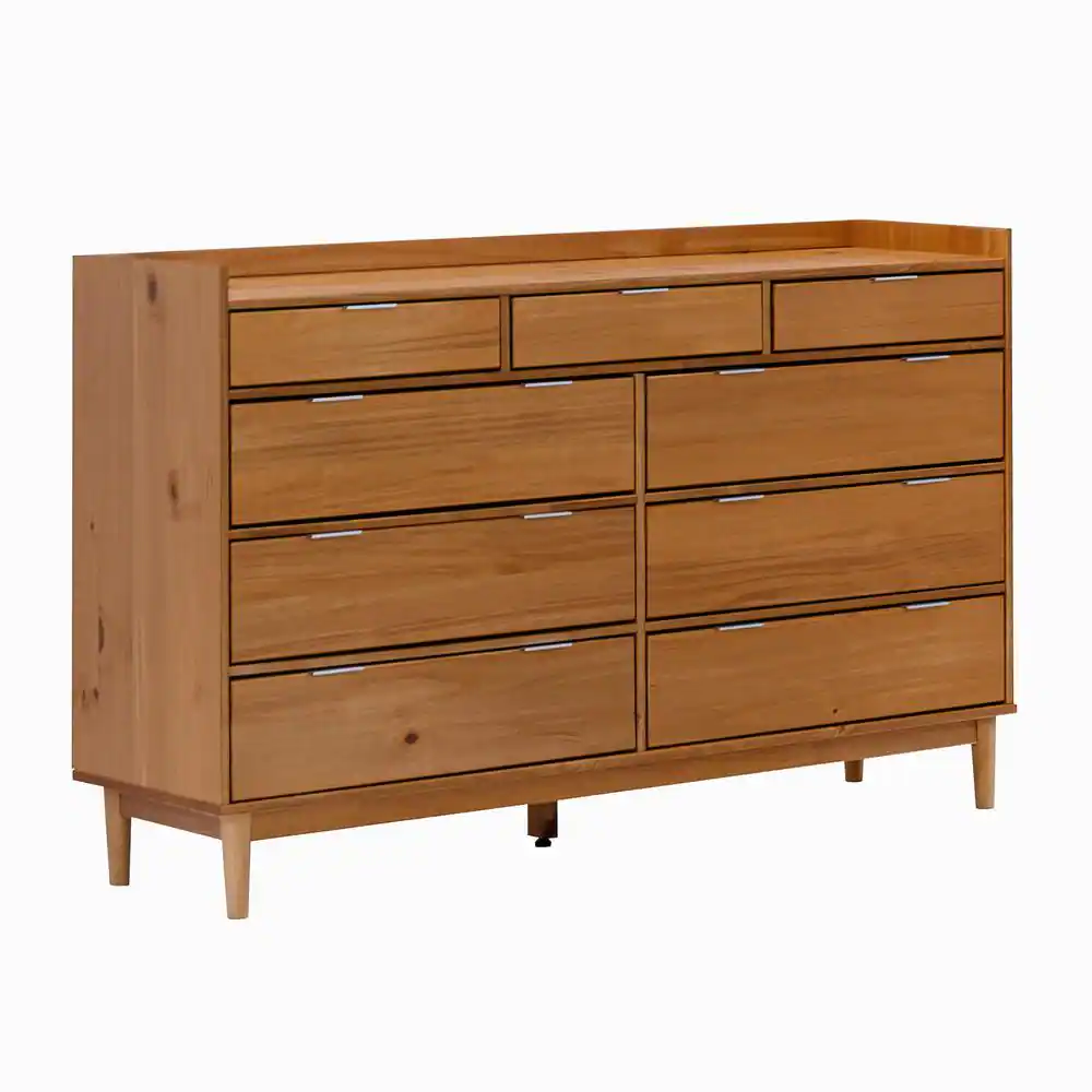 Welwick Designs 9-Drawer Caramel Solid Wood Mid-Century Modern Dresser with Tray Top (36 in. H x 60 in. W x 16 in. D)