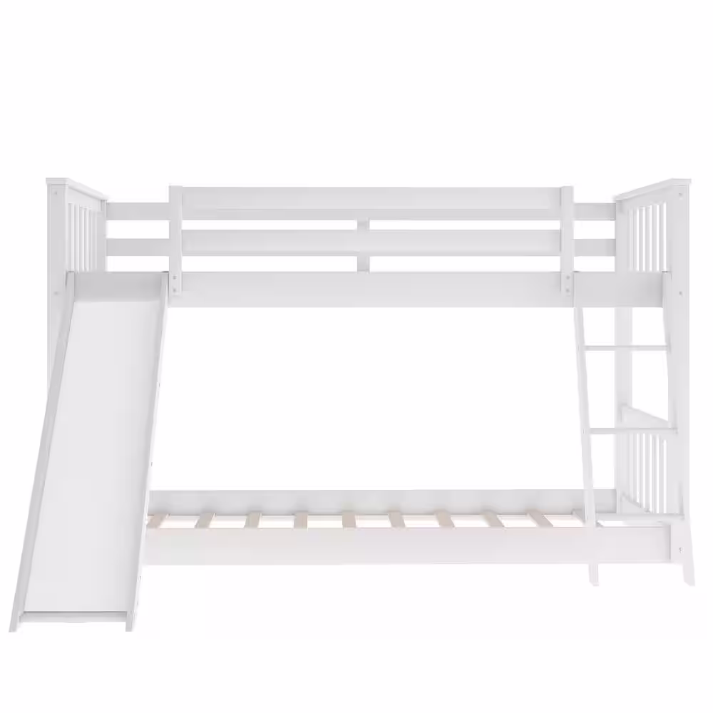 Harper & Bright Designs White Solid Wood Twin Over Twin Bunk Bed with Slide and Ladder
