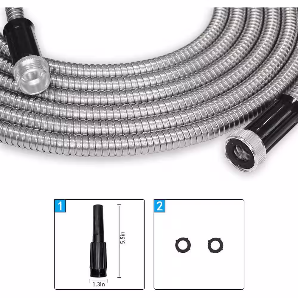 None 1/2 in. x 5 ft. Heavy-Duty Metal Garden Hose Stainless Steel Water Hose with Adjustable Nozzle Metal Hose Kink Free