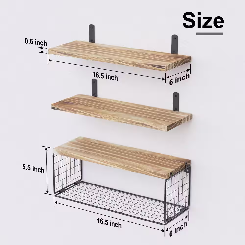 None 16.5 in. W x 6 in. D Light Brown Wood Floating Bathroom Shelves Wall Mounted with Wire Basket Decorative Wall Shelf