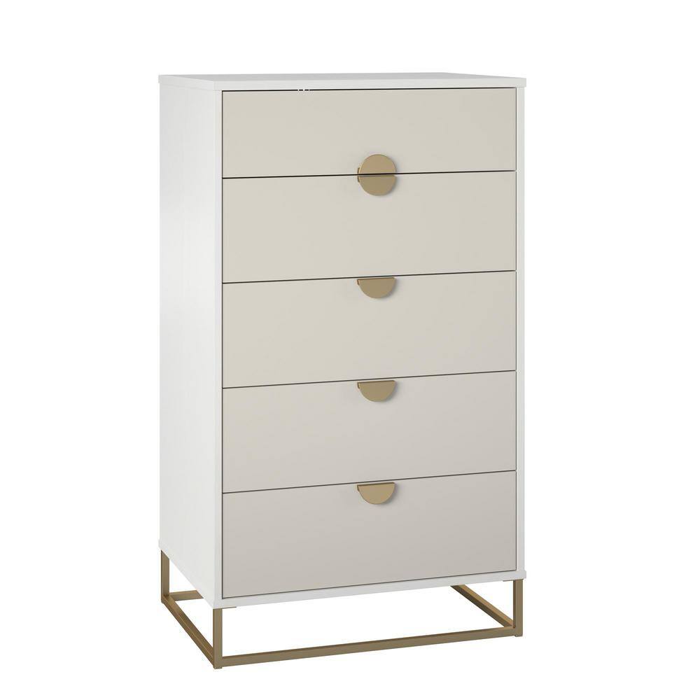 Novogratz Kelly Dresser 5-Wood Drawer, White/Taupe (47 in. H x 27 in. W x 20 in. D)