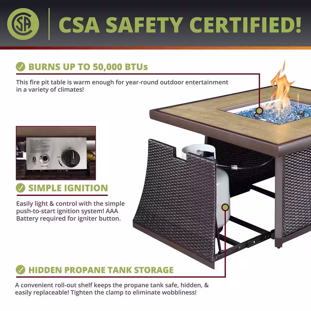 None Elio 42 in. W x 24.6 in. H Square Propane Gas Brown Aluminum Frame Rattan Wicker Tile Top Fire Pit Table