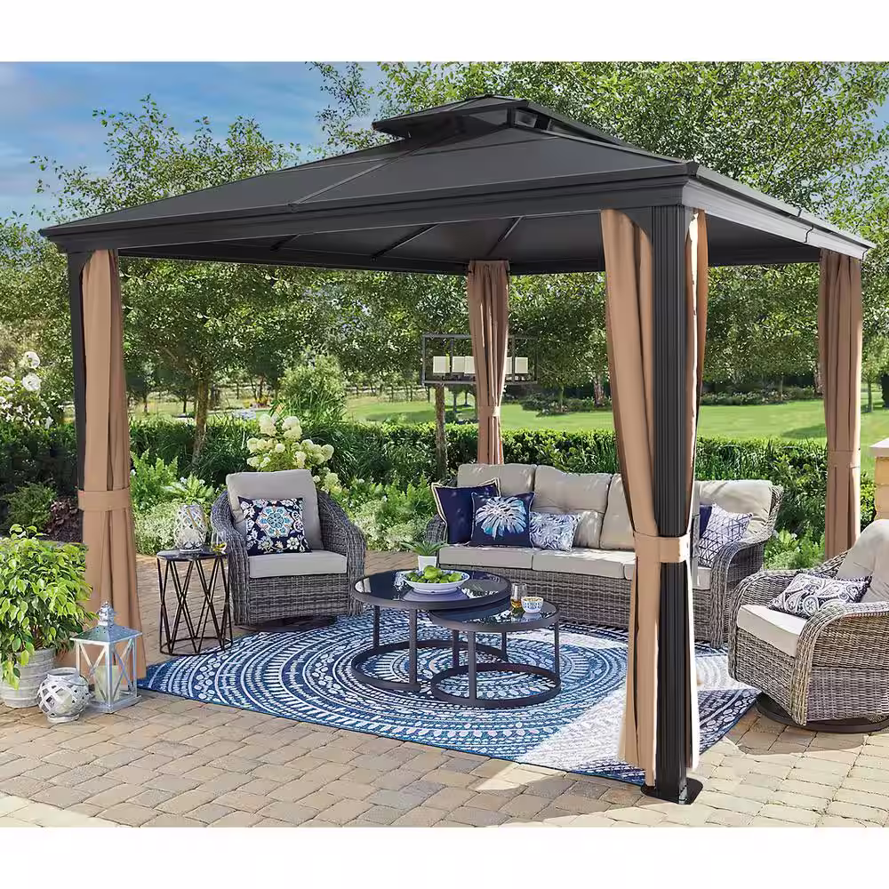 Tozey 10 ft. x 13 ft. Hardtop Polycarbonate Double Roof Aluminum Gazebos with Mosquito Nets and Curtains