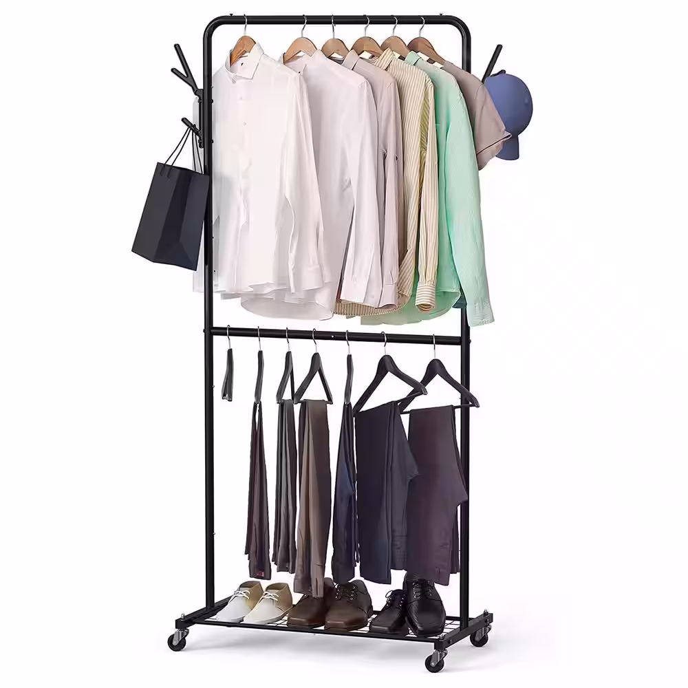 None Black Metal Garment Clothes Rack With Double Rod 39 in. W x 71 in. H