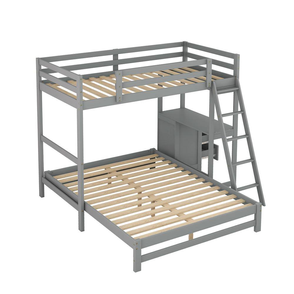 Harper & Bright Designs Gray Twin over Full Wooden Bunk Bed with Built-in Desk, 3 Drawers and Ladder