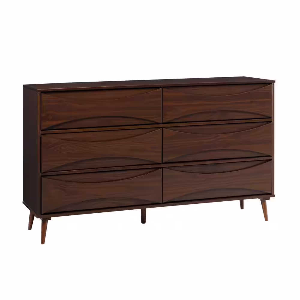 Welwick Designs 6-Drawer Walnut Wood Mid-Century Modern Dresser with Curved Detailing