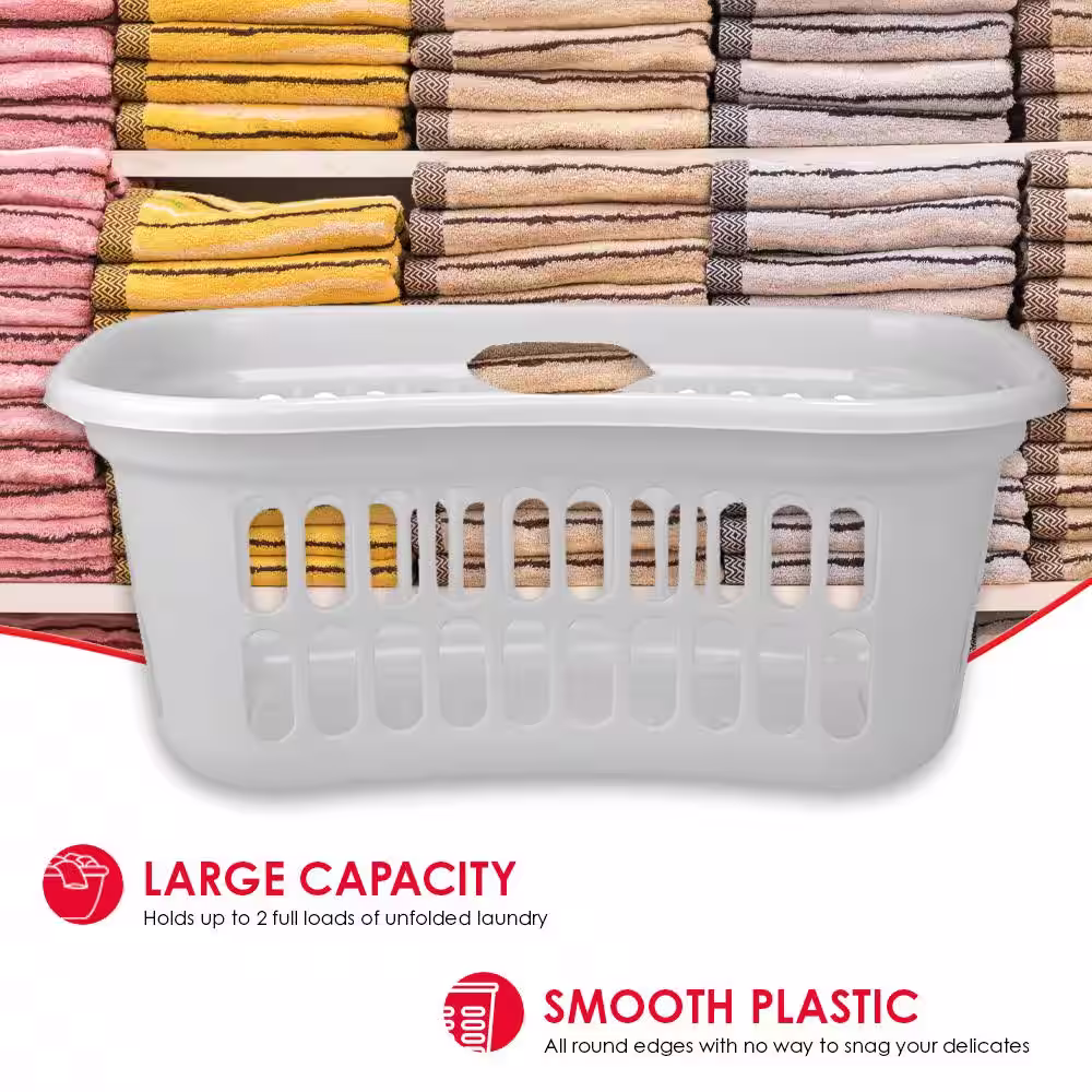 Home Basics Curved Hip Holding Large Capacity White Lightweight Plastic Laundry Basket with Easy Grab Handles
