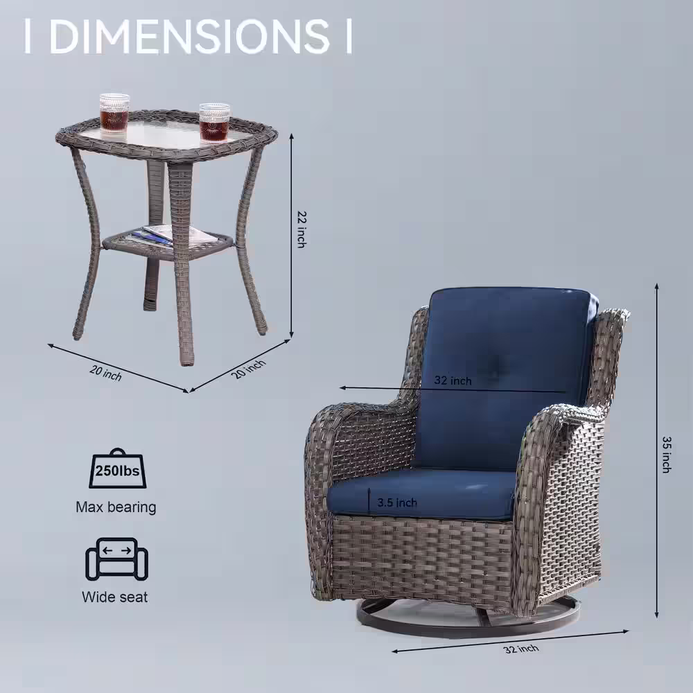 None 3-Piece Wicker Swivel Outdoor Rocking Chairs Patio Conversation Set with Blue Cushions