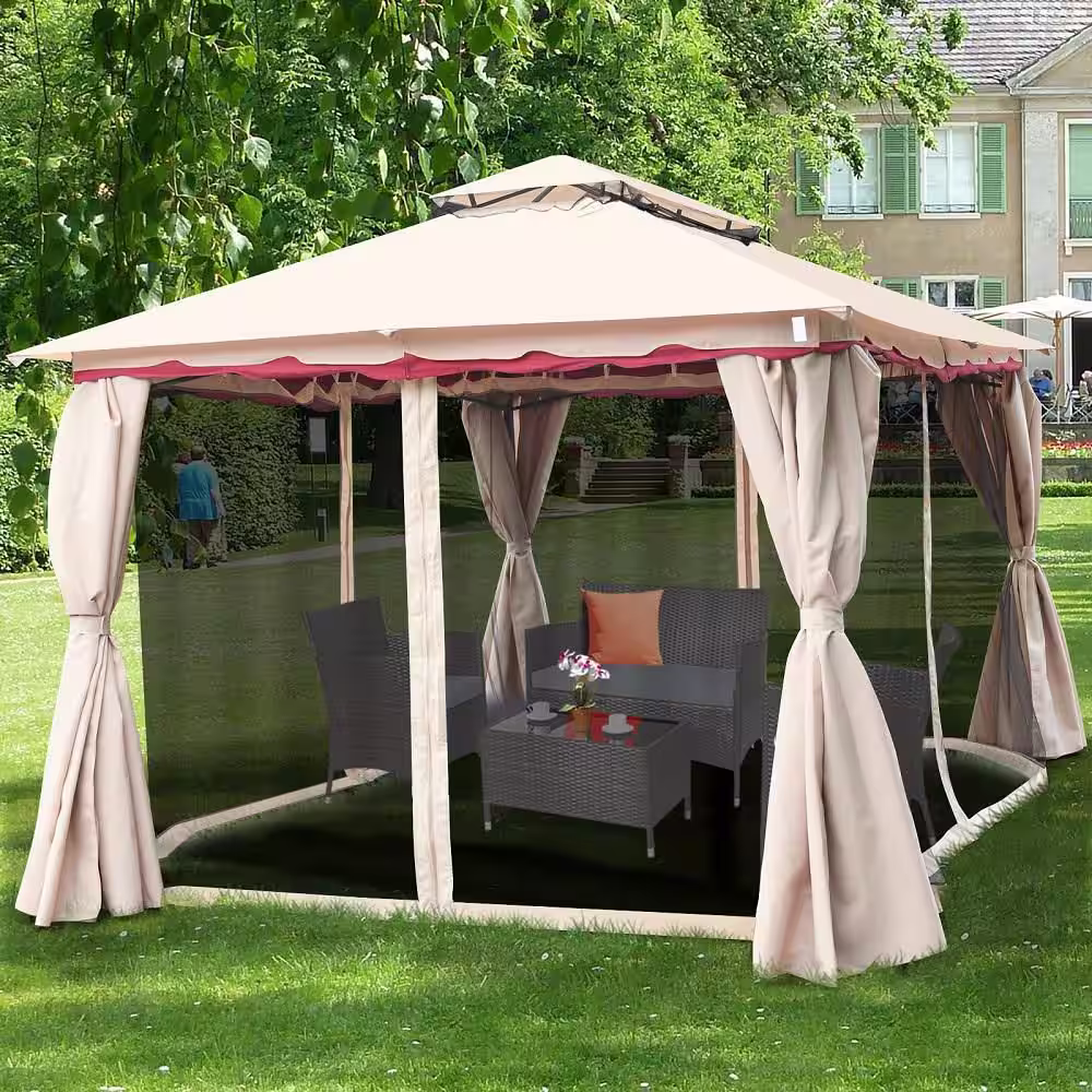 HONEY JOY 13 ft. x 10 ft. Outdoor Canopy Gazebo Steel Frame 2-Tiers Party Patio Large Canopy Gazebo W/Netting&Side Walls