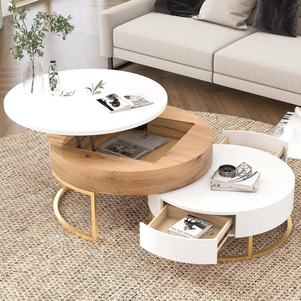 Harper & Bright Designs Multifunctional 31.5 in. White and Natural Round MDF Lift-top Nesting Coffee Table, Accent Table Set with Drawers