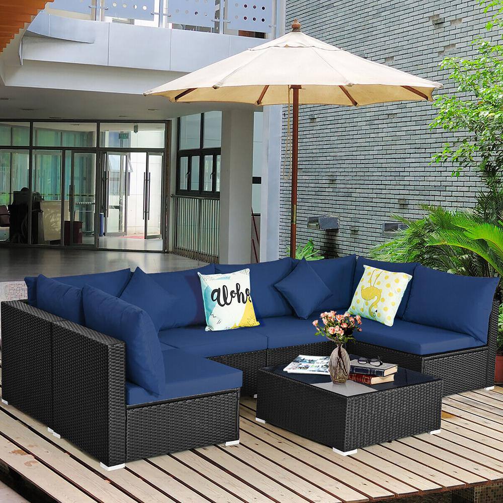 None 7-Piece Rattan Patio Conversation Sectional Furniture Set w/White/Navy Cushion Pillow