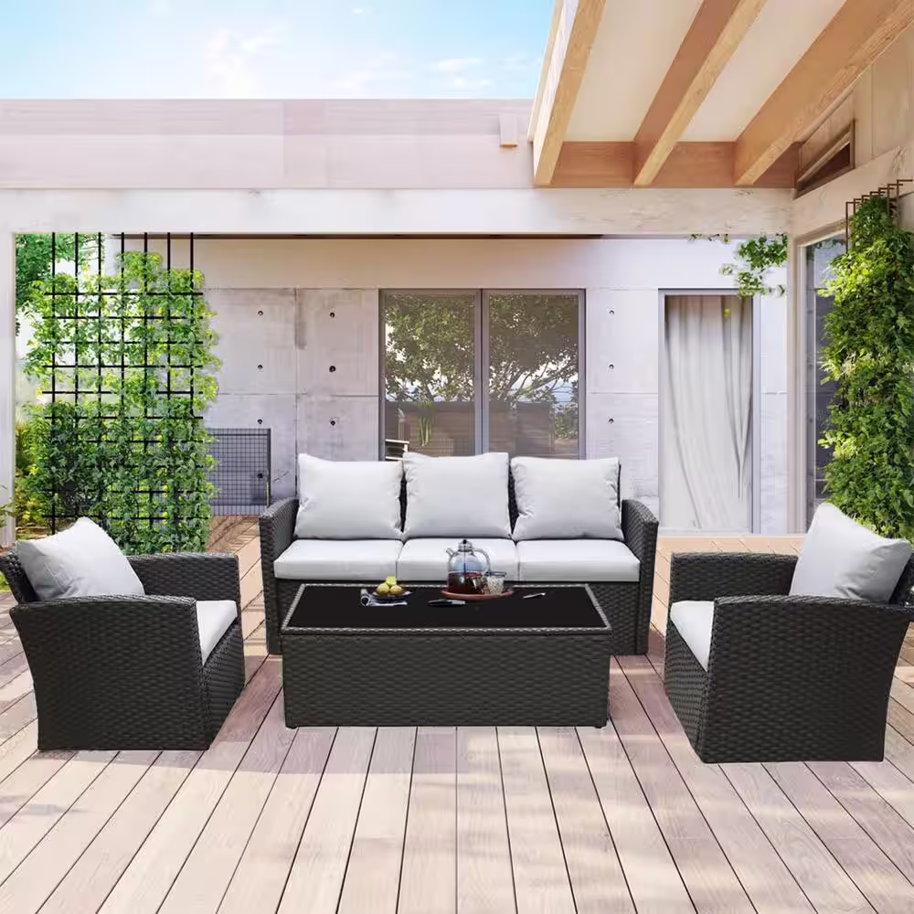 None 4-Piece Wicker Patio Conversation Set with Gray Cushion