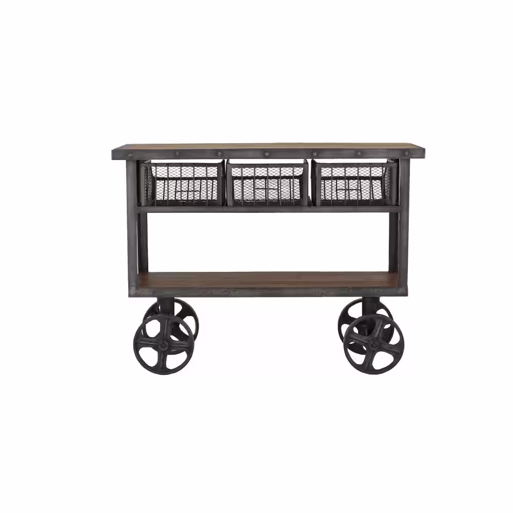 Litton Lane 48 in. Black Extra Large Rectangle Metal Industrial Rolling Cart 3 Basket Drawers Console Table