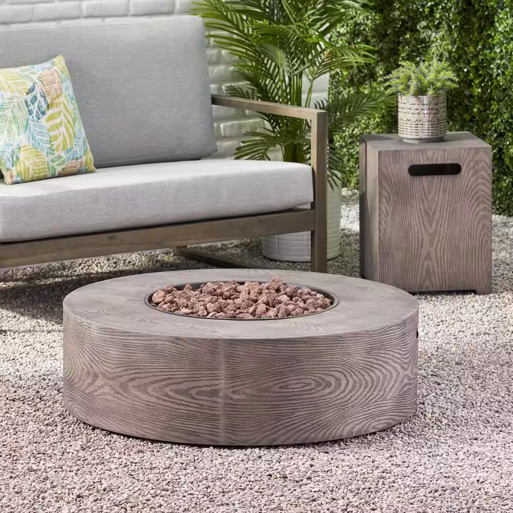 Noble House Midway Metal Brown Wood Pattern Round Fire Pit Table with Tank Holder