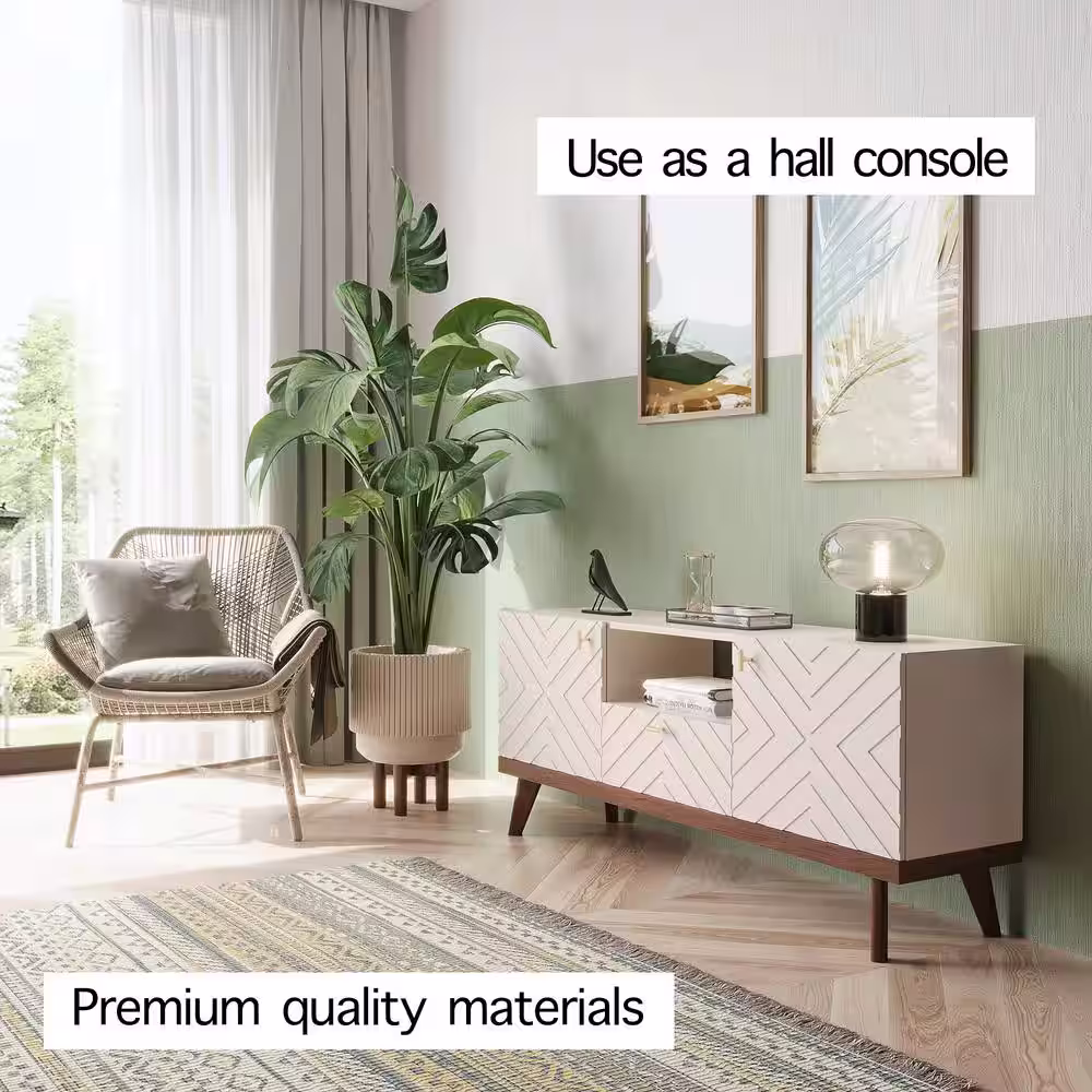 None Alba 59 in. Beige TV Stand with Drawer Fits TV's up to 65 in. with Cable Management and Wood Legs