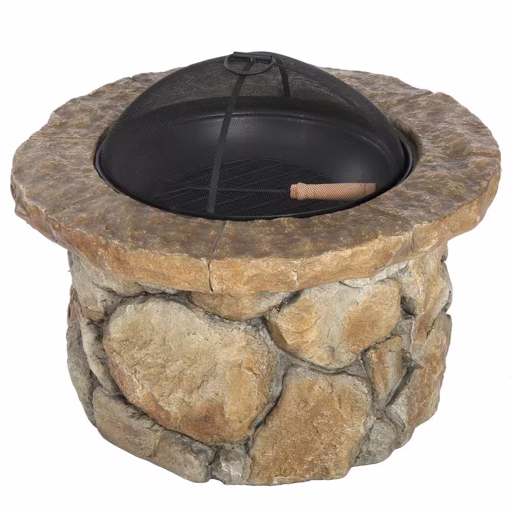 Noble House Samson 34 in. x 21 in. Round Cement Wood Burning Fire Pit in Natural