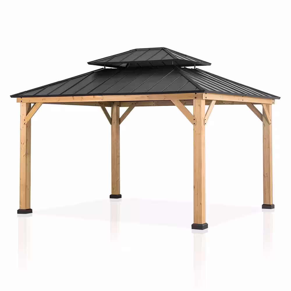 None 13 ft. x 11 ft. Double Galvanized Steel Roof Spruce Wood Frame Outdoor Patio Hardtop Gazebo with Mosquito Netting