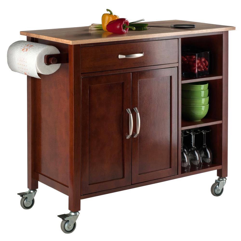 WINSOME WOOD Mabel Walnut Kitchen Cart with Natural Wood Top