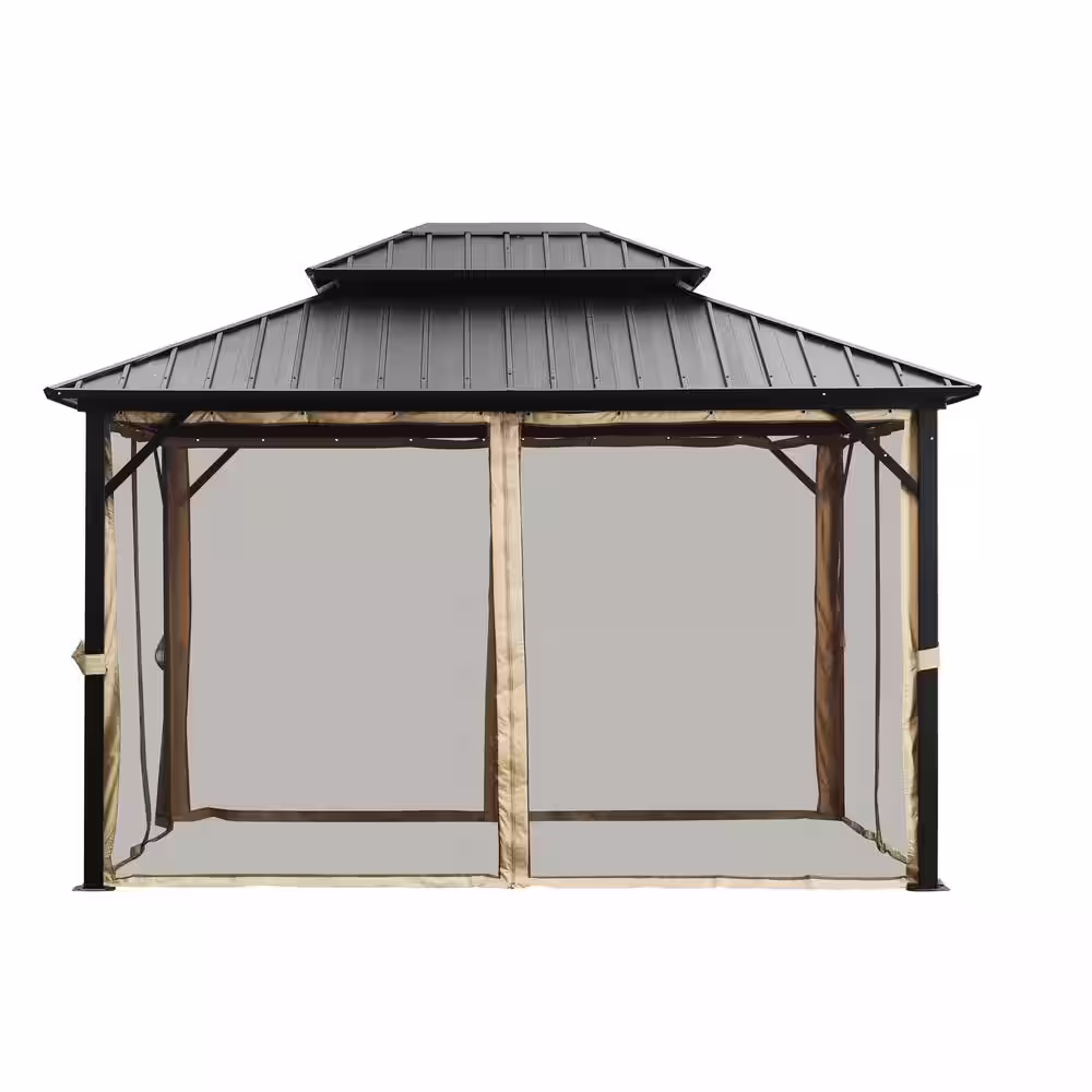 OVASTLKUY 10 ft. x 12 ft. Black Galvanized Iron Double Hardtop Gazebo with 4 Sidewalls