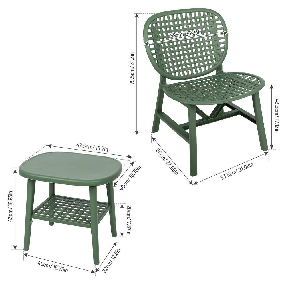 None Green3-Pieces Hollow Design Plastic Patio Conversation Bistro Set with Open Shelf and Lounge Chairs with Widened Seat