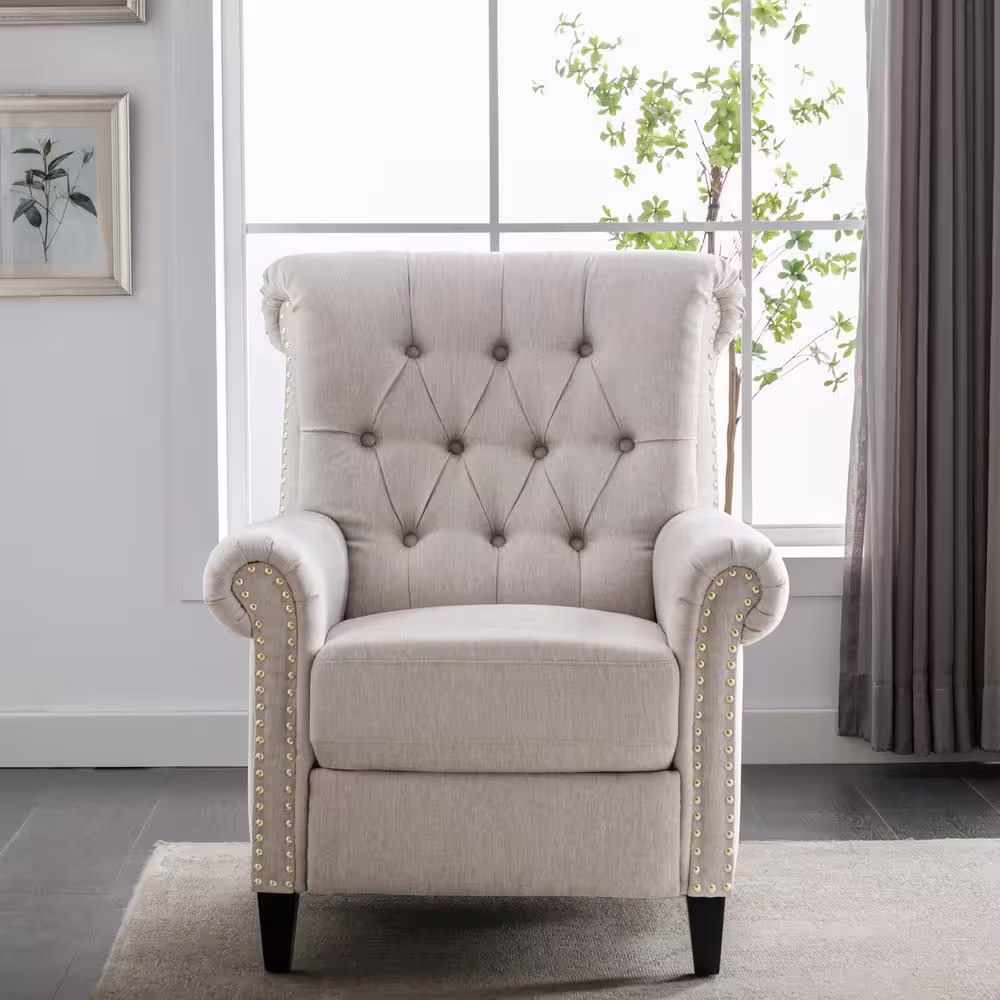 None Tan Linen Tufted Push Back Recliner Chair Living Room Chair, Single Sofa Accent Recliner with Nailheads Roll Arm