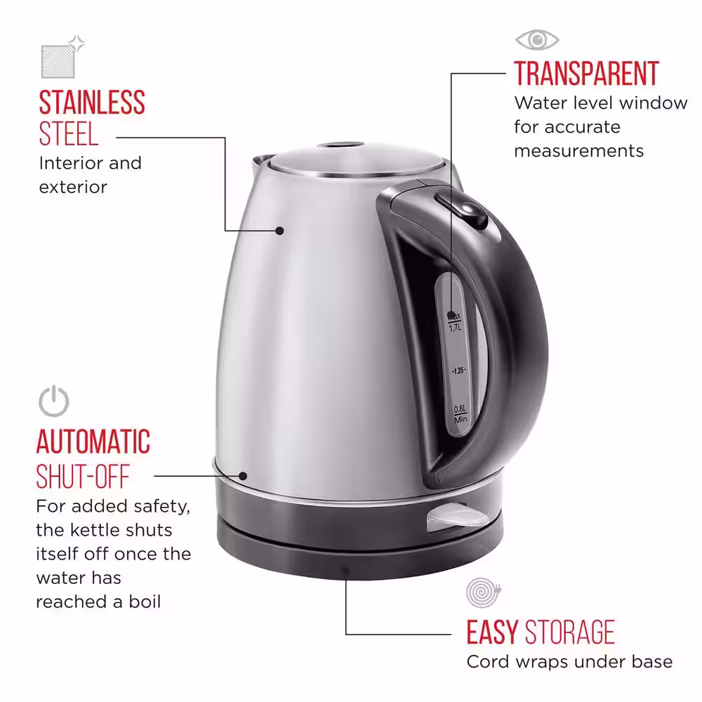 Chefman 7 Cup 1500W Stainless Steel Kettle with Auto Shut Off, 1.7L
