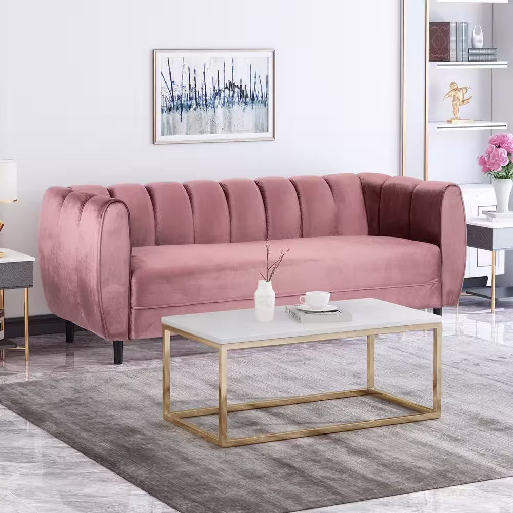 Noble House Bobran 83.25 in. Blush Solid Velvet 3-Seat Tuxedo Sofa