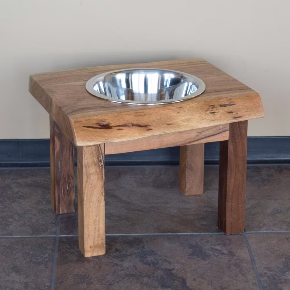 AmeriHome Acacia Wood Live Edge Single Bowl Pet Feeder