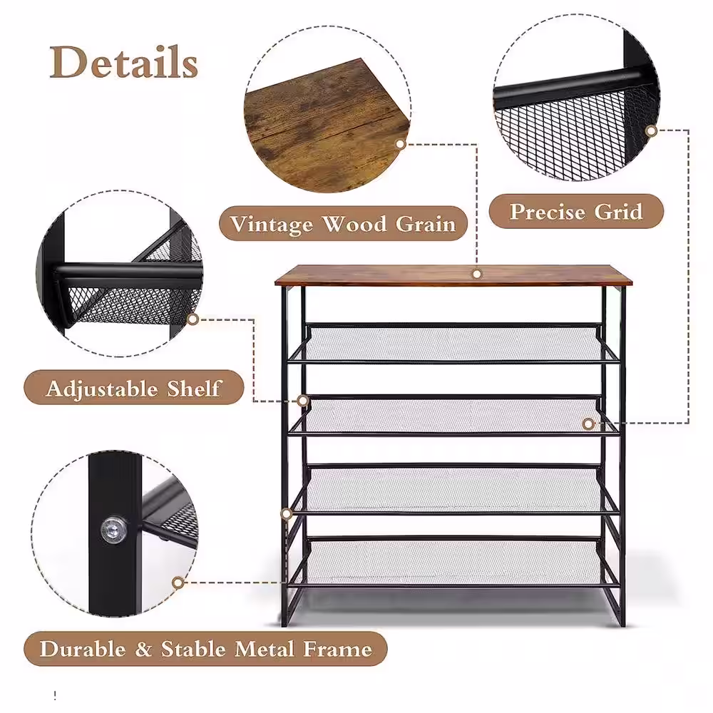 None 36 in. H 16-Pair Black Metal 5-Tiers Shoe Rack
