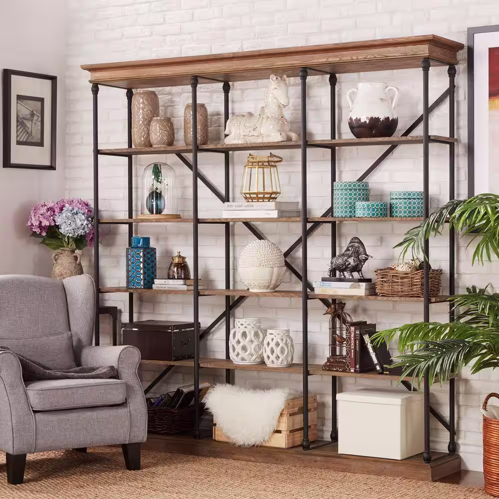 HomeSullivan 84 in. Vintage Oak Metal 5-shelf Etagere Bookcase with Open Back