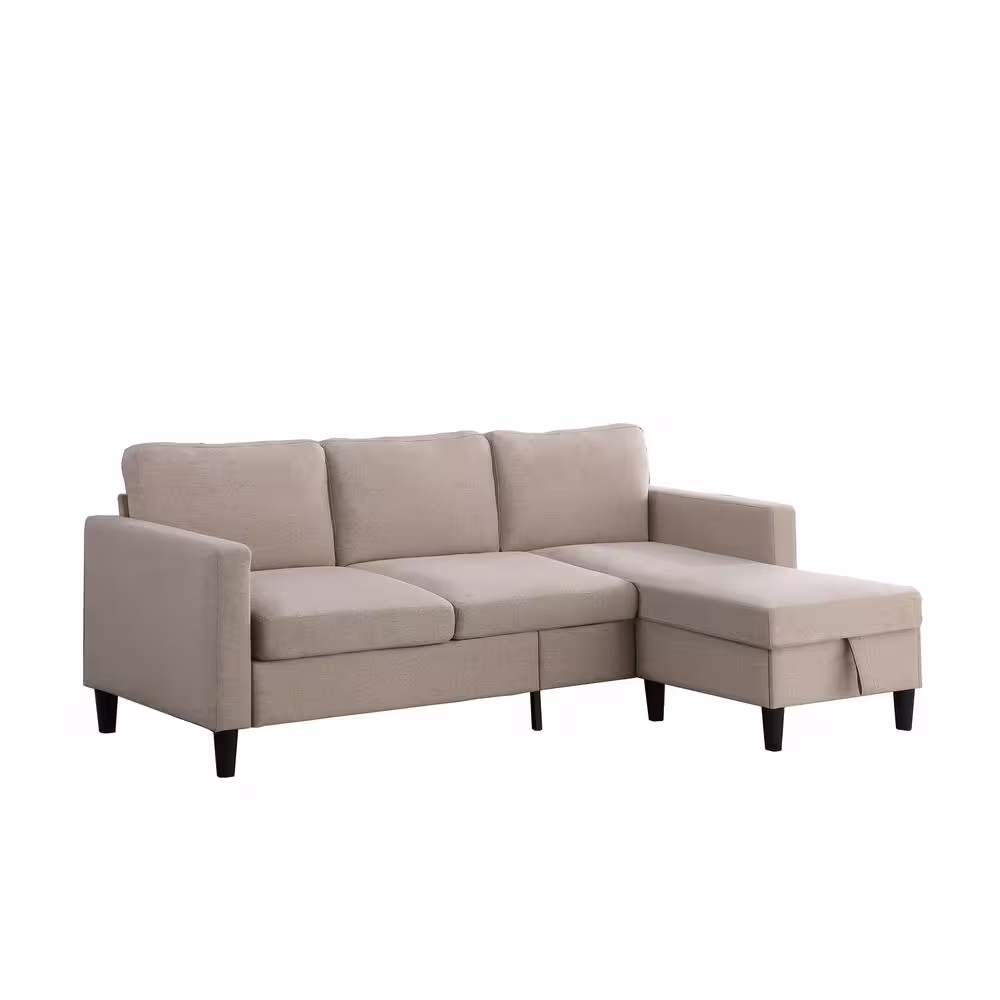 Dwell Home Inc Marcus 77 in Mid-Century Polyester Reversible Sectional Sofa in Oatmeal with Storage Ottoman