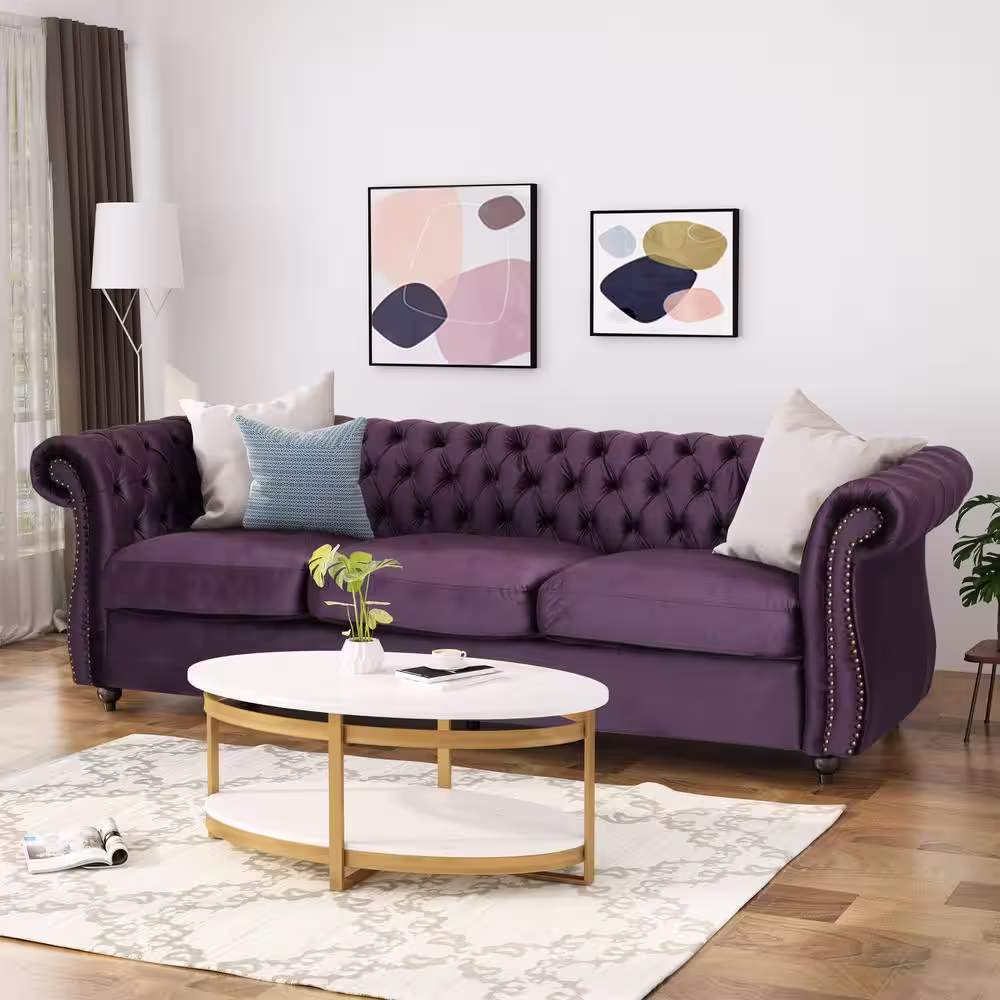 Noble House Sommerville Blackberry Velvet 3-Seater Chesterfield Sofa with Flared Arms