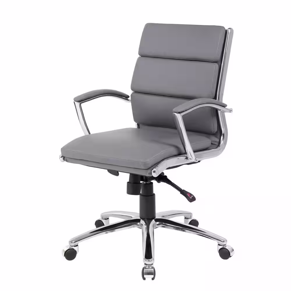 BOSS Office Products Gray Leather Mid-Back Executive Chair, Chrome Finish with Padded Arms