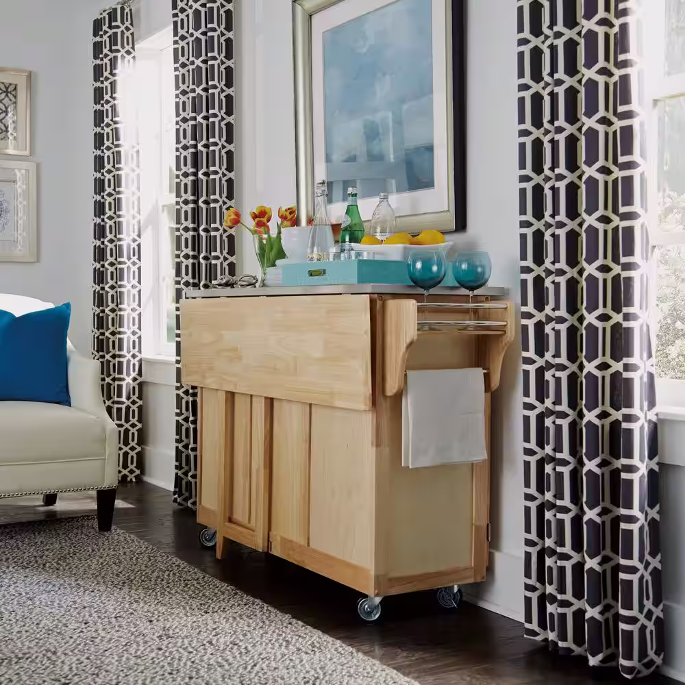 HOMESTYLES Natural Wood Kitchen Cart with Stainless Top and Breakfast Bar