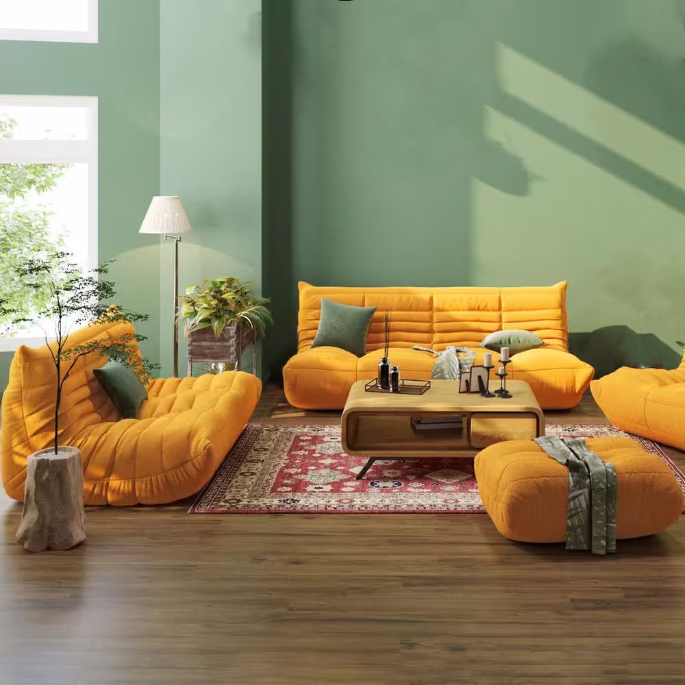 Magic Home 3-Piece Teddy Velvet Comfy Seat Lazy Sofa Living Room Set in Yellow (2 Seater + 3 Seater + 4 Seater )