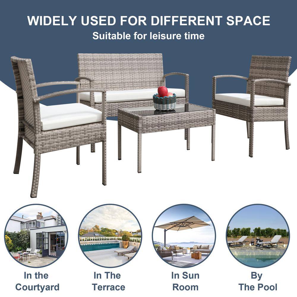 None 4-Piece Wicker Patio Conversation Set with Cushions