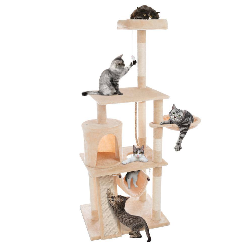 Pet Trex 61.5 in. 4-Tier Cat Tower with 6 Scratching Posts, 2 Hammocks, 3 Toys, and Perch for Kittens or Multiple Cats