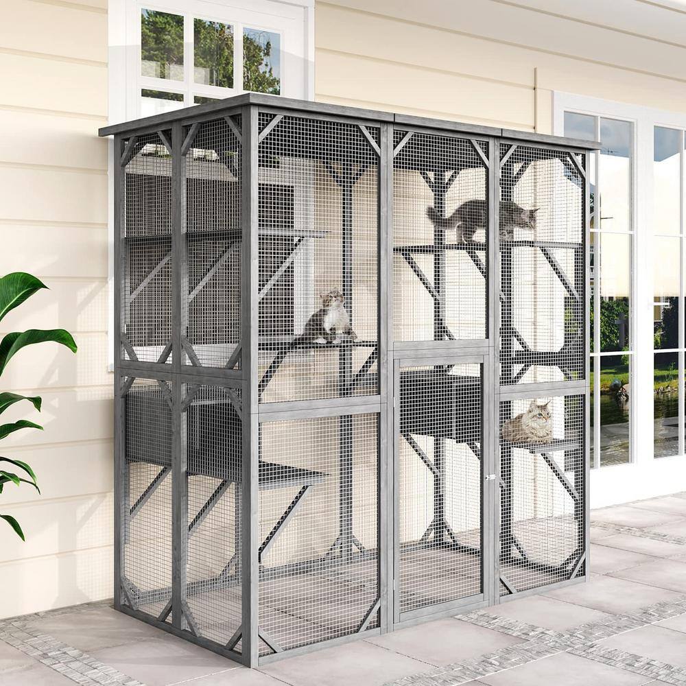 None 71 in. Large Outdoor Cat Cage House, Weatherproof Wooden Cats Catio Cat Cage Enclosure with 7 Platform and 2 Small House